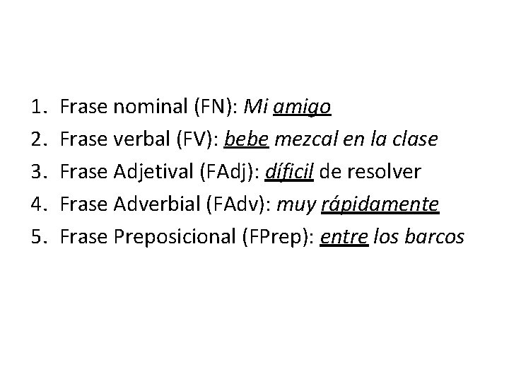 1. 2. 3. 4. 5. Frase nominal (FN): Mi amigo Frase verbal (FV): bebe 1. 2. 3. 4. 5. Frase nominal (FN): Mi amigo Frase verbal (FV): bebe