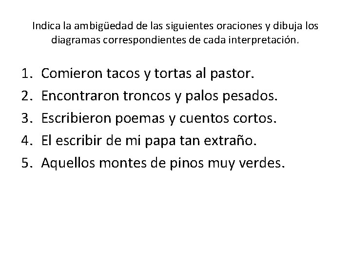 Indica la ambigüedad de las siguientes oraciones y dibuja los diagramas correspondientes de cada Indica la ambigüedad de las siguientes oraciones y dibuja los diagramas correspondientes de cada