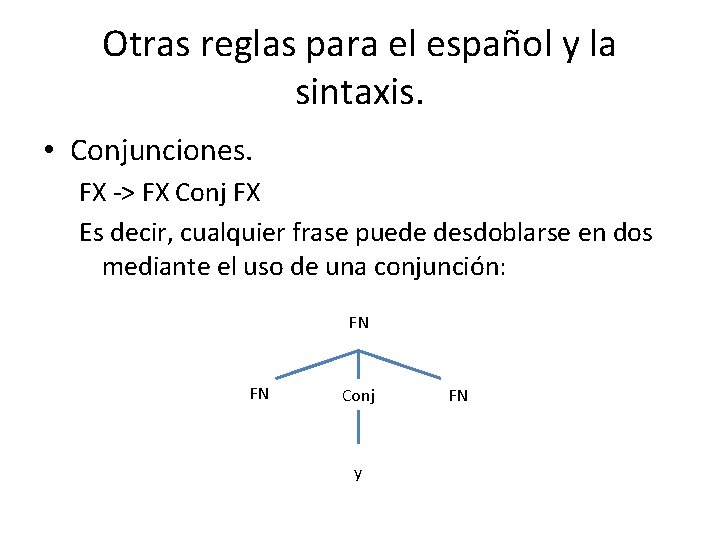 Otras reglas para el español y la sintaxis. • Conjunciones. FX -> FX Conj Otras reglas para el español y la sintaxis. • Conjunciones. FX -> FX Conj