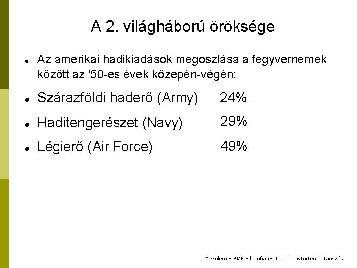 A 2. világháború öröksége Az amerikai hadikiadások megoszlása a fegyvernemek között az '50 -es