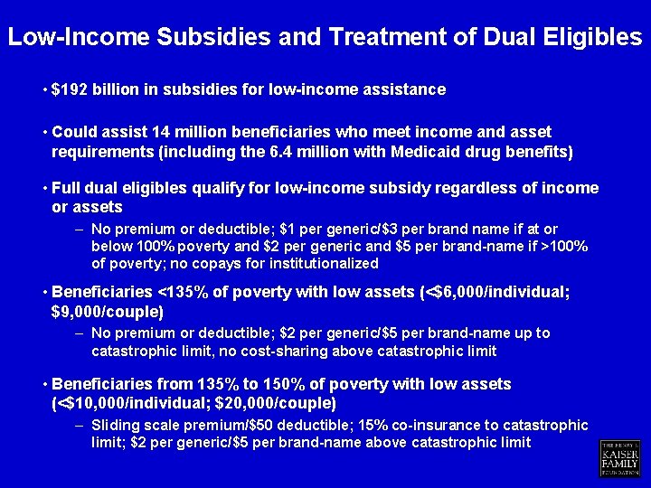 Low-Income Subsidies and Treatment of Dual Eligibles • $192 billion in subsidies for low-income