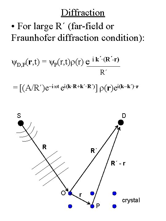 Diffraction • For large R´ (far-field or Fraunhofer diffraction condition): ψD, P(r, t) =