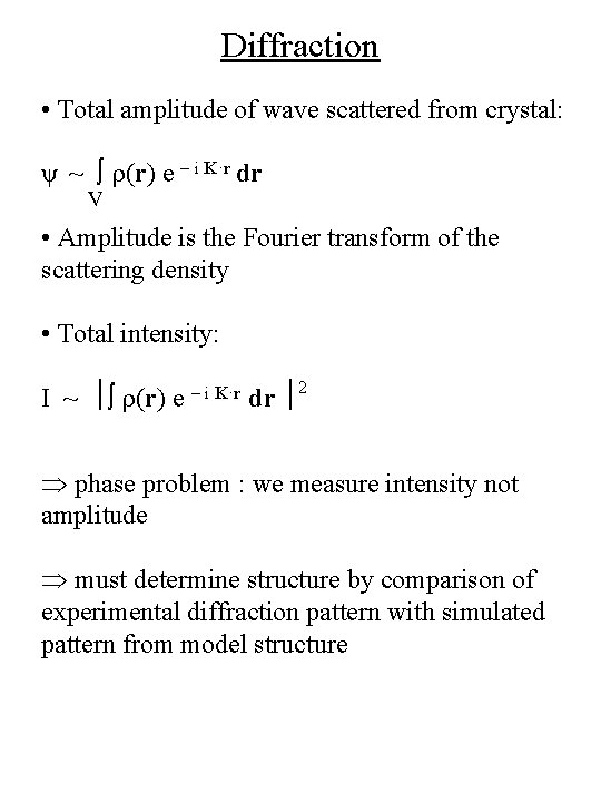 Diffraction • Total amplitude of wave scattered from crystal: ψ ~ ∫ r(r) e