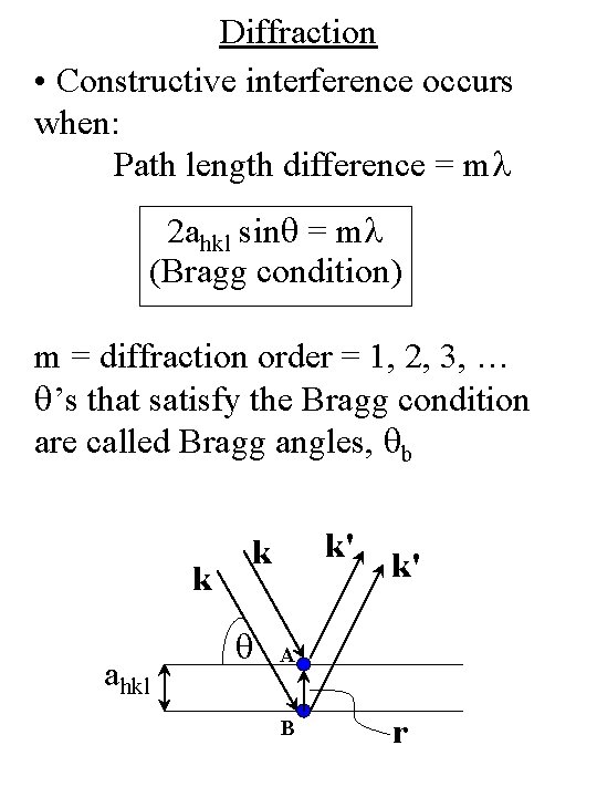 Diffraction • Constructive interference occurs when: Path length difference = ml 2 ahkl sinq