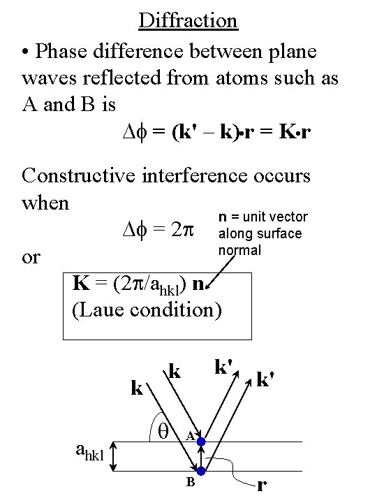 Diffraction • Phase difference between plane waves reflected from atoms such as A and