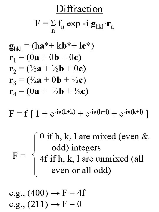 Diffraction F = Σ fn exp -i ghkl·rn n ghkl = (ha*+ kb*+ lc*)