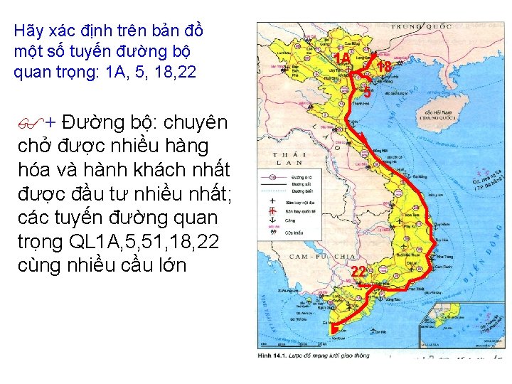 Hãy xác định trên bản đồ một số tuyến đường bộ quan trọng: 1