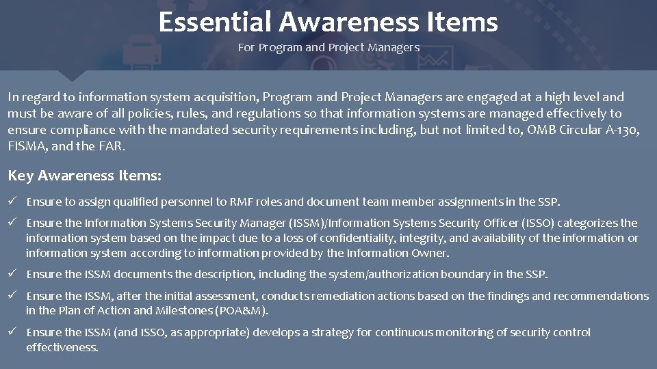 Essential Awareness Items For Program and Project Managers In regard to information system acquisition,