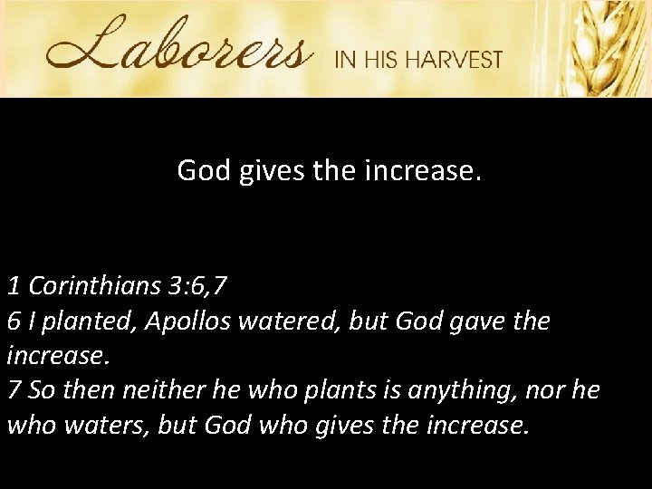 God gives the increase. 1 Corinthians 3: 6, 7 6 I planted, Apollos watered,