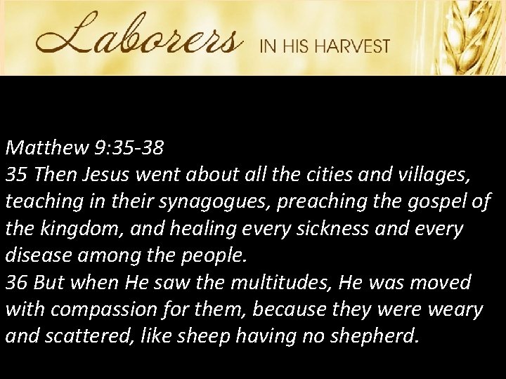Matthew 9: 35 -38 35 Then Jesus went about all the cities and villages,