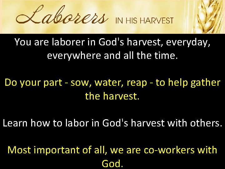 You are laborer in God's harvest, everyday, everywhere and all the time. Do your