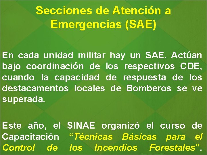 Secciones de Atención a Emergencias (SAE) En cada unidad militar hay un SAE. Actúan