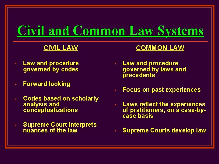 Civil and Common Law Systems CIVIL LAW • Law and procedure governed by codes