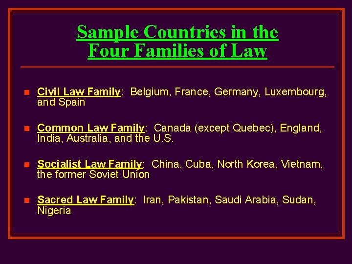 Sample Countries in the Four Families of Law n Civil Law Family: Belgium, France,