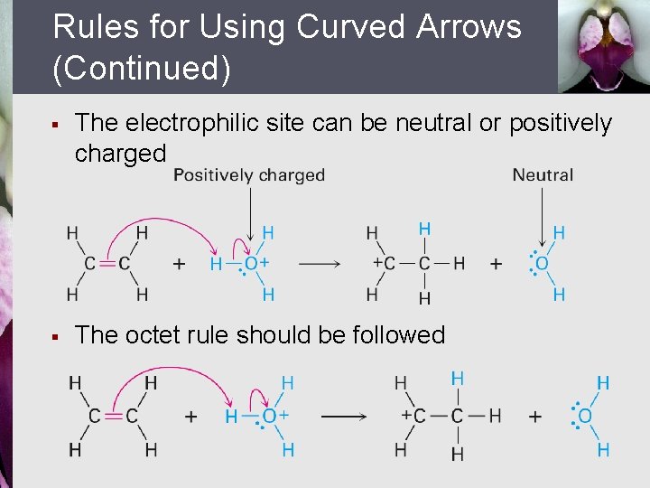 Rules for Using Curved Arrows (Continued) § The electrophilic site can be neutral or