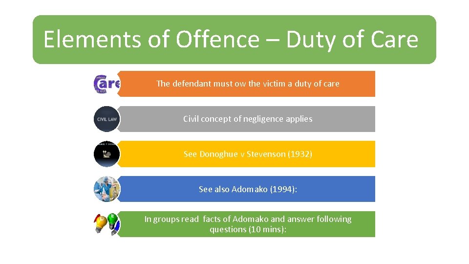 Elements of Offence – Duty of Care The defendant must ow the victim a