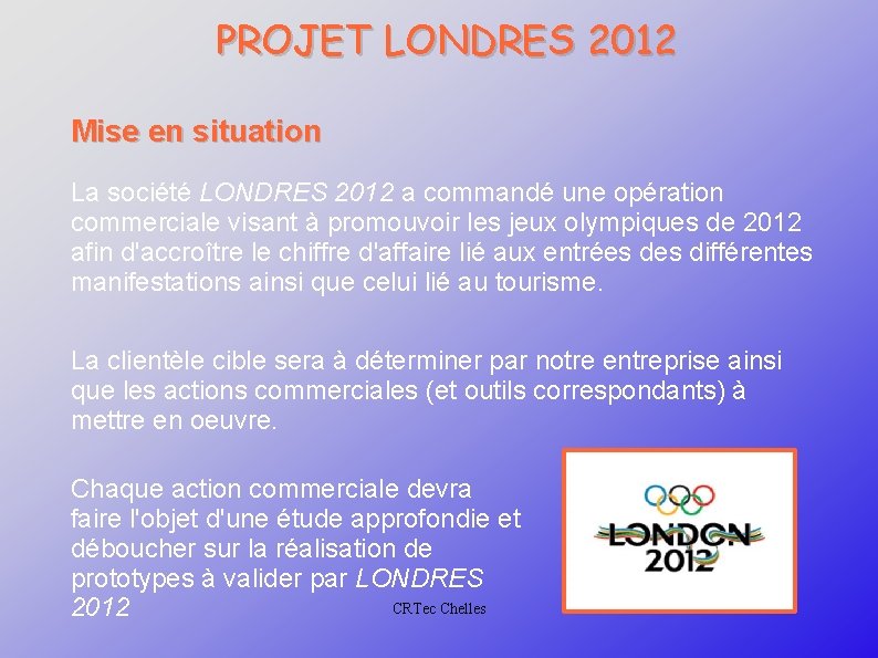 PROJET LONDRES 2012 Mise en situation La société LONDRES 2012 a commandé une opération