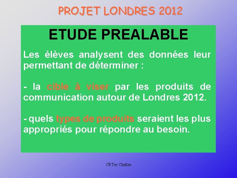 PROJET LONDRES 2012 ETUDE PREALABLE Les élèves analysent des données leur permettant de déterminer