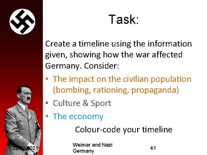 Task: Create a timeline using the information given, showing how the war affected Germany.