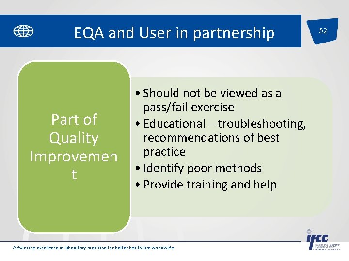 EQA and User in partnership Part of Quality Improvemen t • Should not be