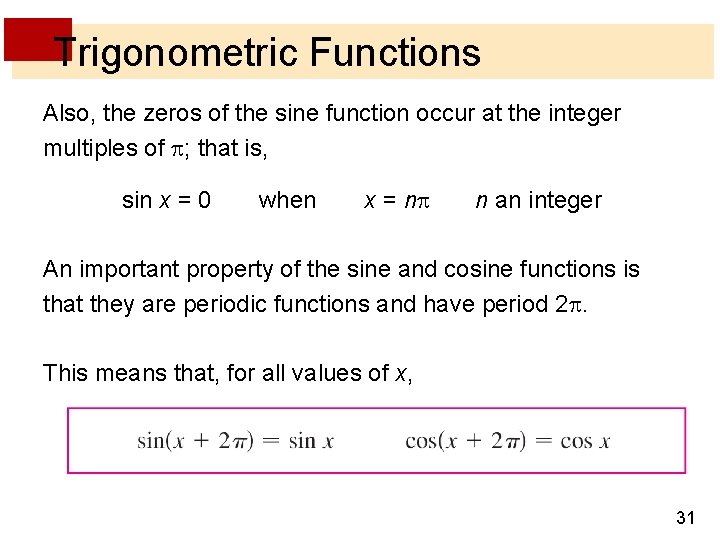 Trigonometric Functions Also, the zeros of the sine function occur at the integer multiples