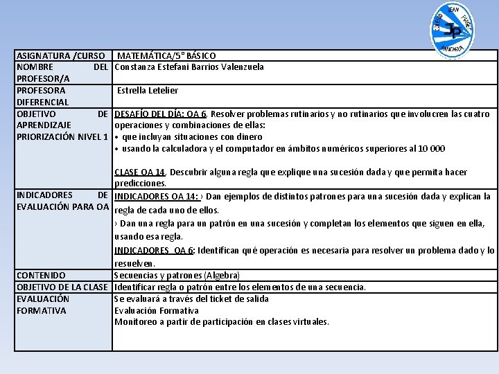 ASIGNATURA /CURSO NOMBRE DEL PROFESOR/A PROFESORA DIFERENCIAL OBJETIVO DE APRENDIZAJE PRIORIZACIÓN NIVEL 1 MATEMÁTICA/5°