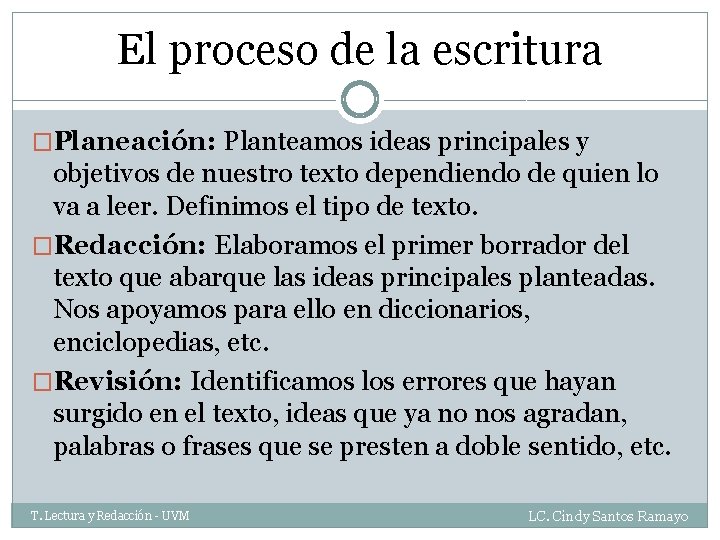 El proceso de la escritura �Planeación: Planteamos ideas principales y objetivos de nuestro texto