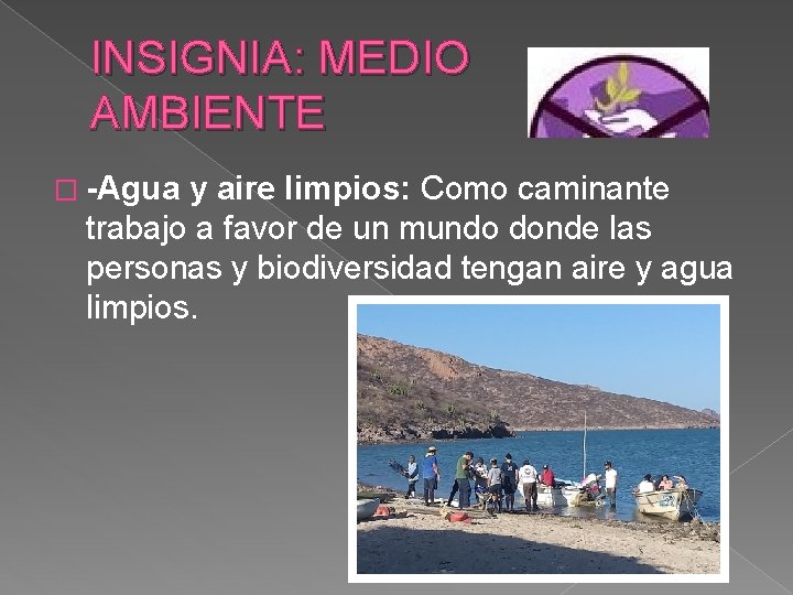 INSIGNIA: MEDIO AMBIENTE � -Agua y aire limpios: Como caminante trabajo a favor de