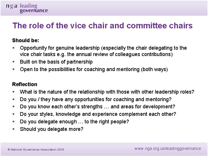 The role of the vice chair and committee chairs Should be: § Opportunity for The role of the vice chair and committee chairs Should be: § Opportunity for