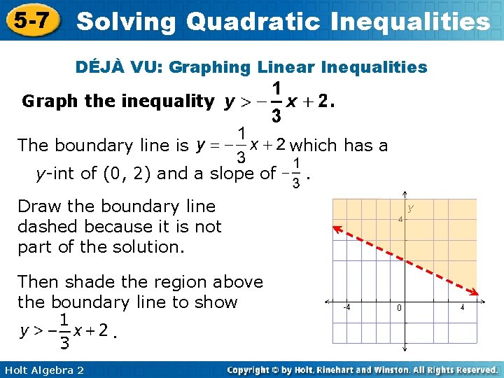 5 -7 Solving Quadratic Inequalities DÉJÀ VU: Graphing Linear Inequalities Graph the inequality The