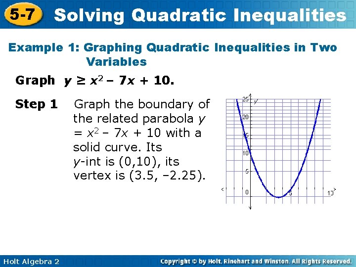 5 -7 Solving Quadratic Inequalities Example 1: Graphing Quadratic Inequalities in Two Variables Graph