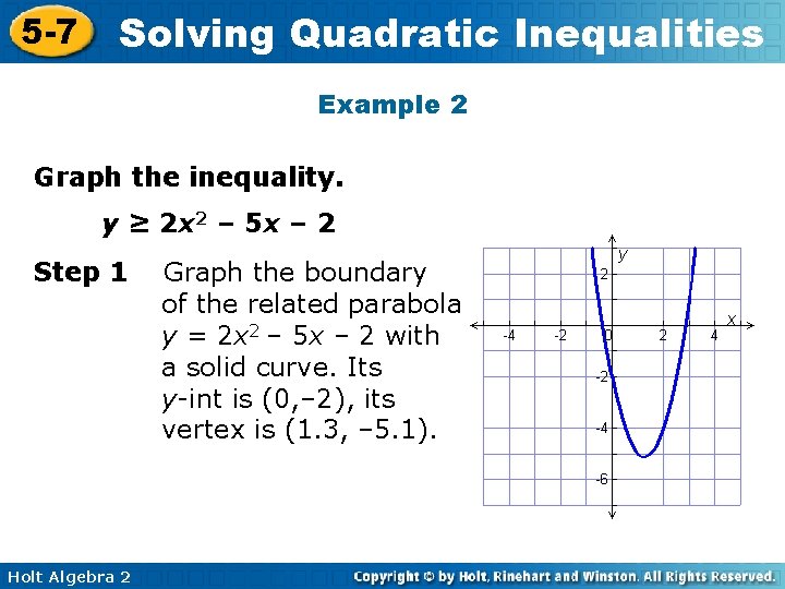 5 -7 Solving Quadratic Inequalities Example 2 Graph the inequality. y ≥ 2 x