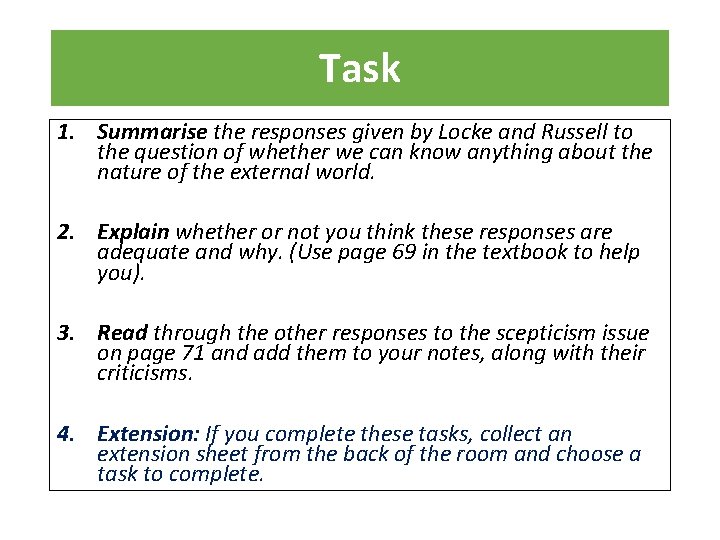 Task 1. Summarise the responses given by Locke and Russell to the question of