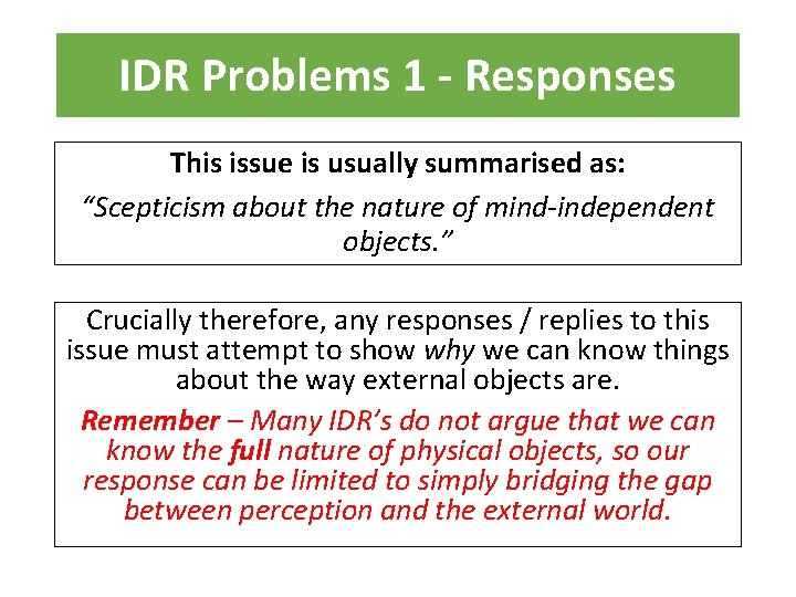 IDR Problems 1 - Responses This issue is usually summarised as: “Scepticism about the