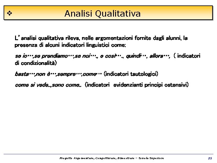 v Analisi Qualitativa L’analisi qualitativa rileva, nelle argomentazioni fornite dagli alunni, la presenza di