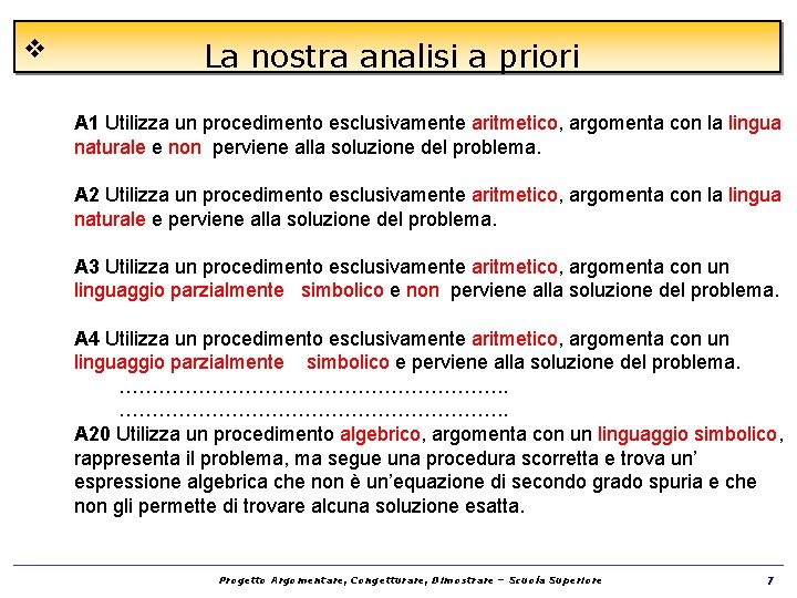 v La nostra analisi a priori A 1 Utilizza un procedimento esclusivamente aritmetico, argomenta