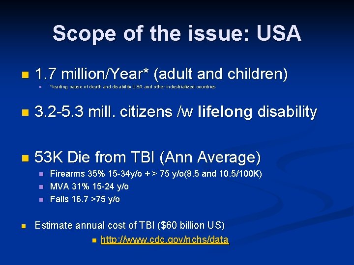 Scope of the issue: USA n 1. 7 million/Year* (adult and children) n *leading