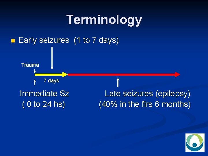 Terminology n Early seizures (1 to 7 days) Trauma 7 days Immediate Sz Late