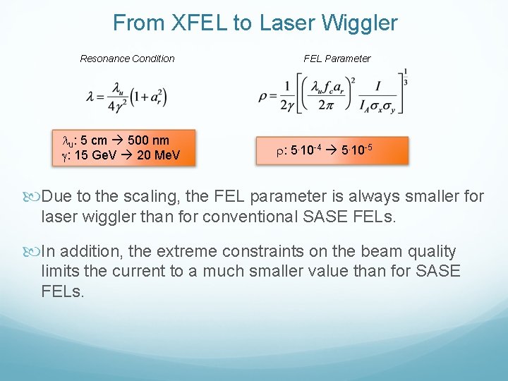 From XFEL to Laser Wiggler Resonance Condition lu: 5 cm 500 nm g: 15