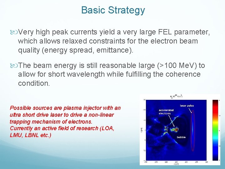 Basic Strategy Very high peak currents yield a very large FEL parameter, which allows