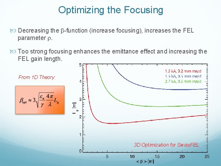 Optimizing the Focusing Decreasing the b-function (increase focusing), increases the FEL parameter r. Too