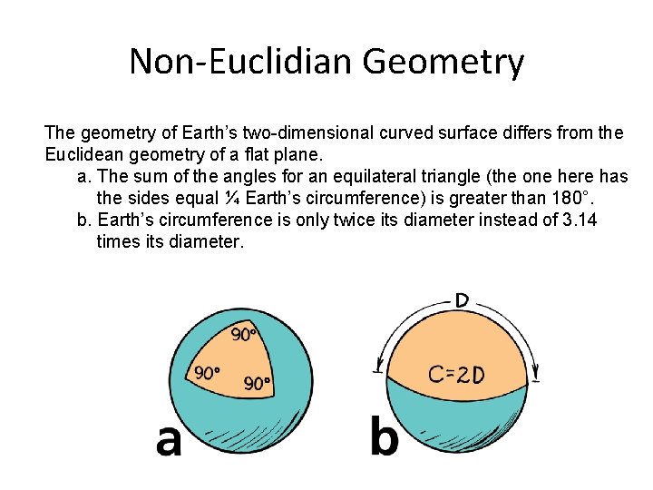 Non-Euclidian Geometry The geometry of Earth’s two-dimensional curved surface differs from the Euclidean geometry