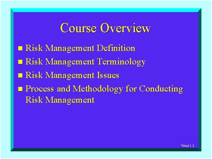 Course Overview Risk Management Definition n Risk Management Terminology n Risk Management Issues n