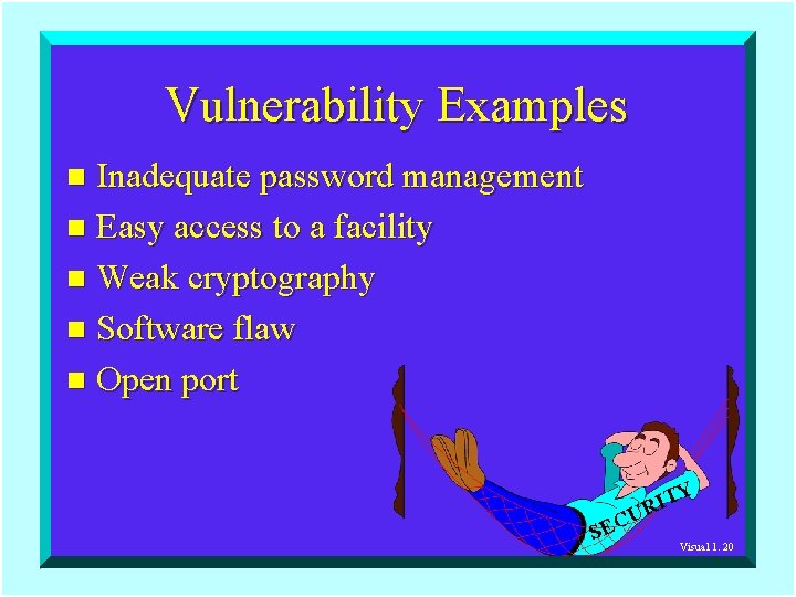 Vulnerability Examples Inadequate password management n Easy access to a facility n Weak cryptography