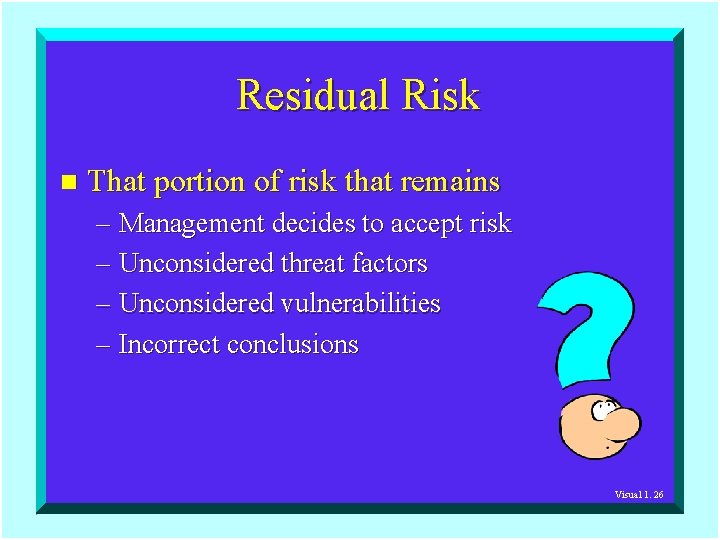 Residual Risk n That portion of risk that remains – Management decides to accept