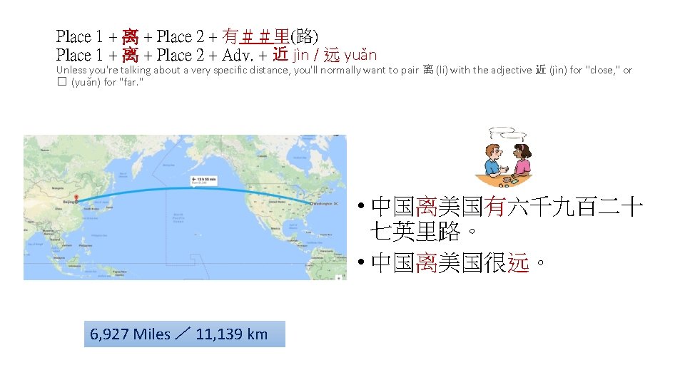 Place 1 + 离 + Place 2 + 有＃＃里(路) Place 1 + 离 +