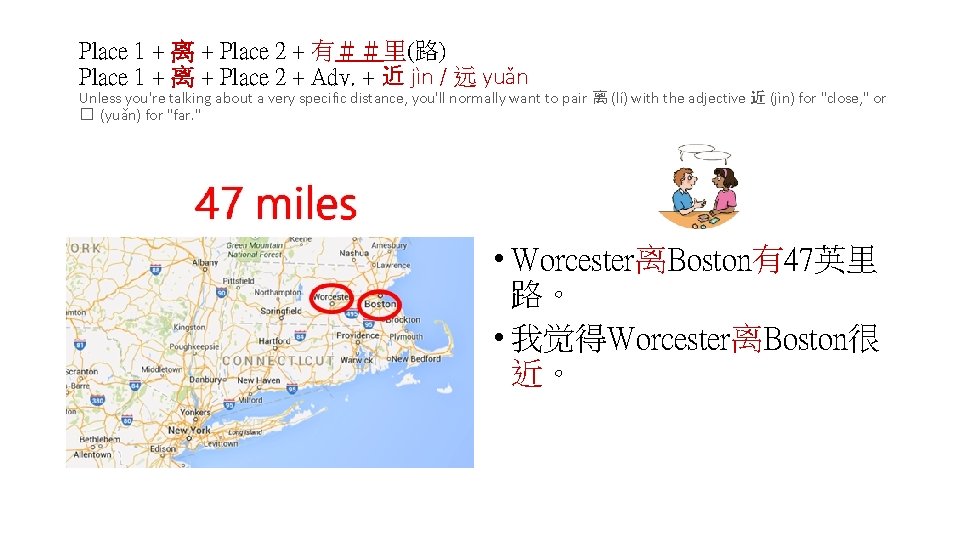 Place 1 + 离 + Place 2 + 有＃＃里(路) Place 1 + 离 +