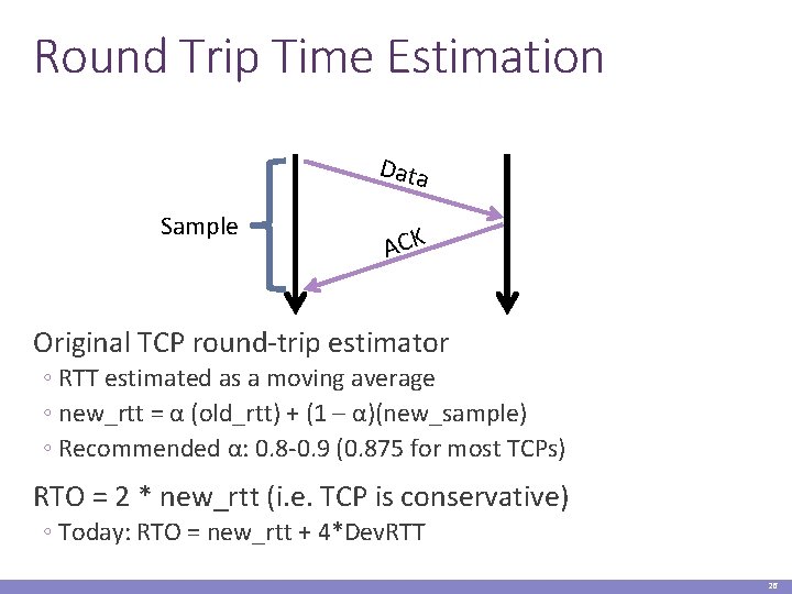 Round Trip Time Estimation Data Sample ACK Original TCP round-trip estimator ◦ RTT estimated