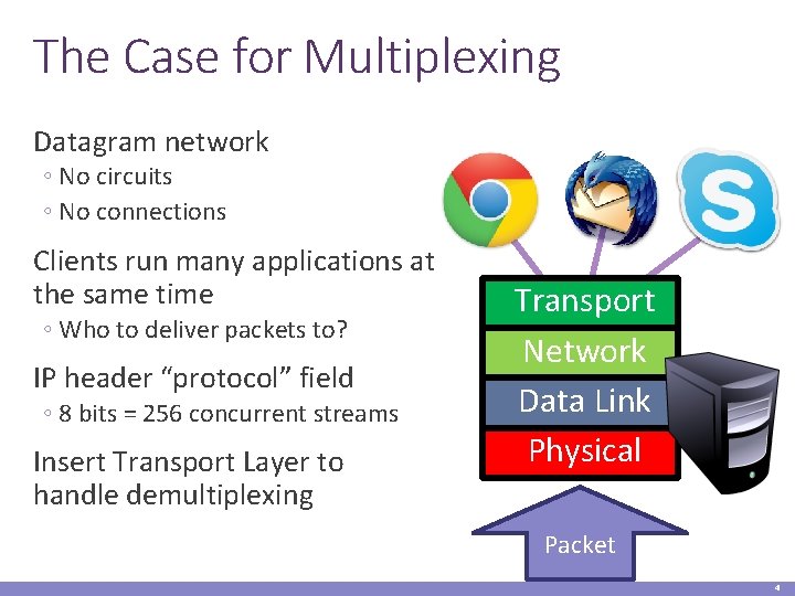 The Case for Multiplexing Datagram network ◦ No circuits ◦ No connections Clients run