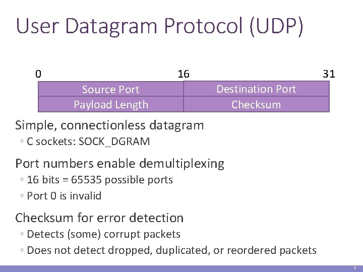 User Datagram Protocol (UDP) 0 31 16 Source Port Payload Length Destination Port Checksum